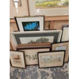 A QUANTITY OF VARIOUS PRINTS, OILS AND WATERCOLOURS, TOGETHER WITH A TRAY WITH EMBROIDERED INSET. (