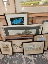 A QUANTITY OF VARIOUS PRINTS, OILS AND WATERCOLOURS, TOGETHER WITH A TRAY WITH EMBROIDERED INSET. (