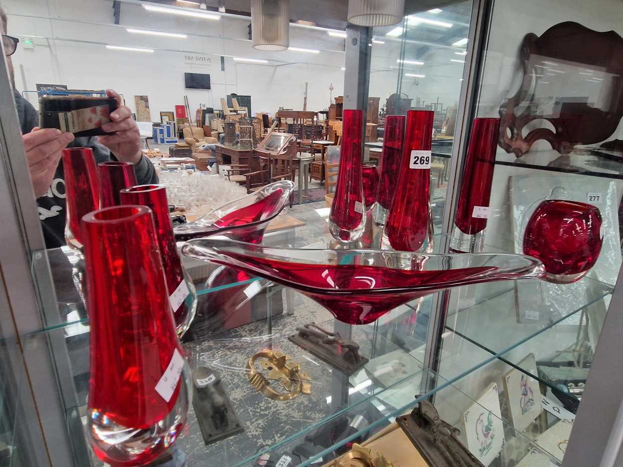 Six Art glass pieces with ruby interiors to clear glass