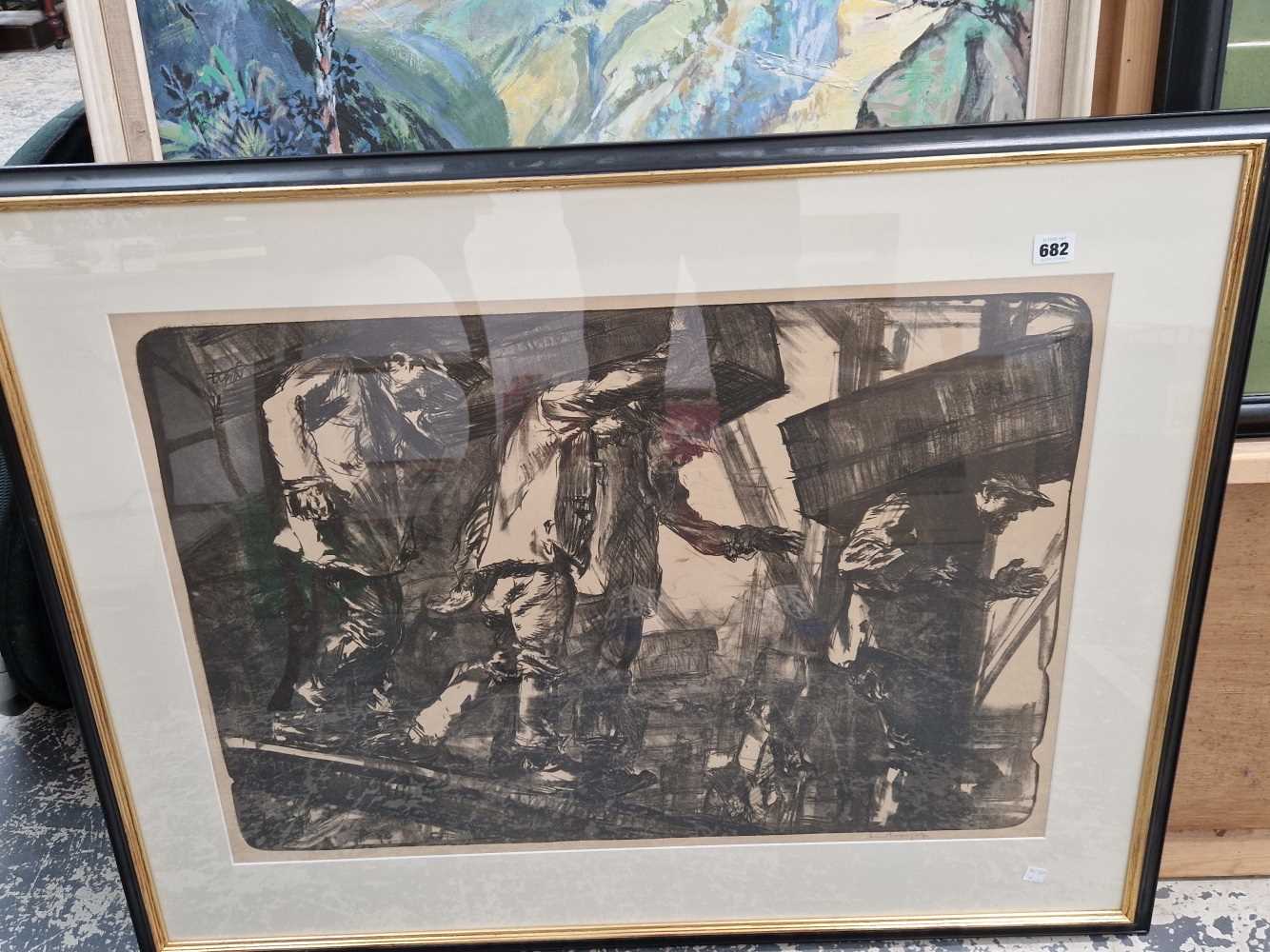 Large signed Frank Brangwyn, labourers at work, lithograph.