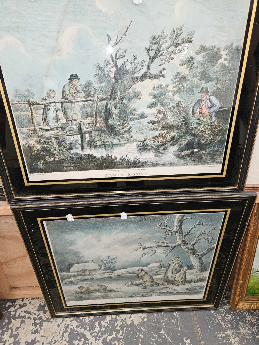 A PAIR OF REPRODUCTION ENGRAVINGS AFTER GEORGE MORLAND, SUMMERS EVENING AND WINTERS MORNING, 49 x