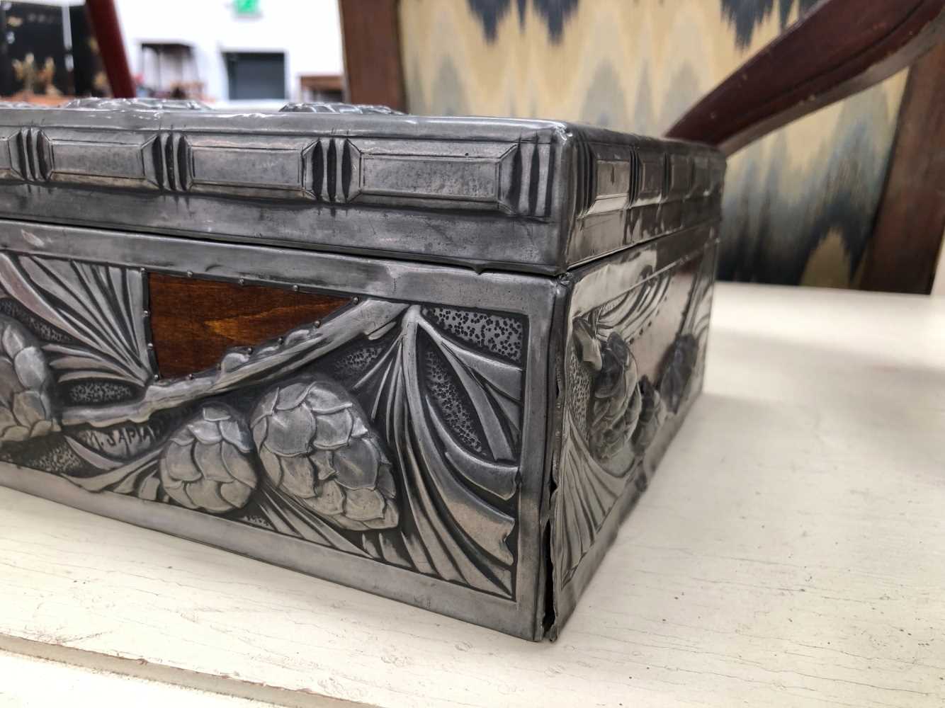 An Art Nouveau pewter mounted walnut casket box signed M.Sapia. - Image 5 of 5