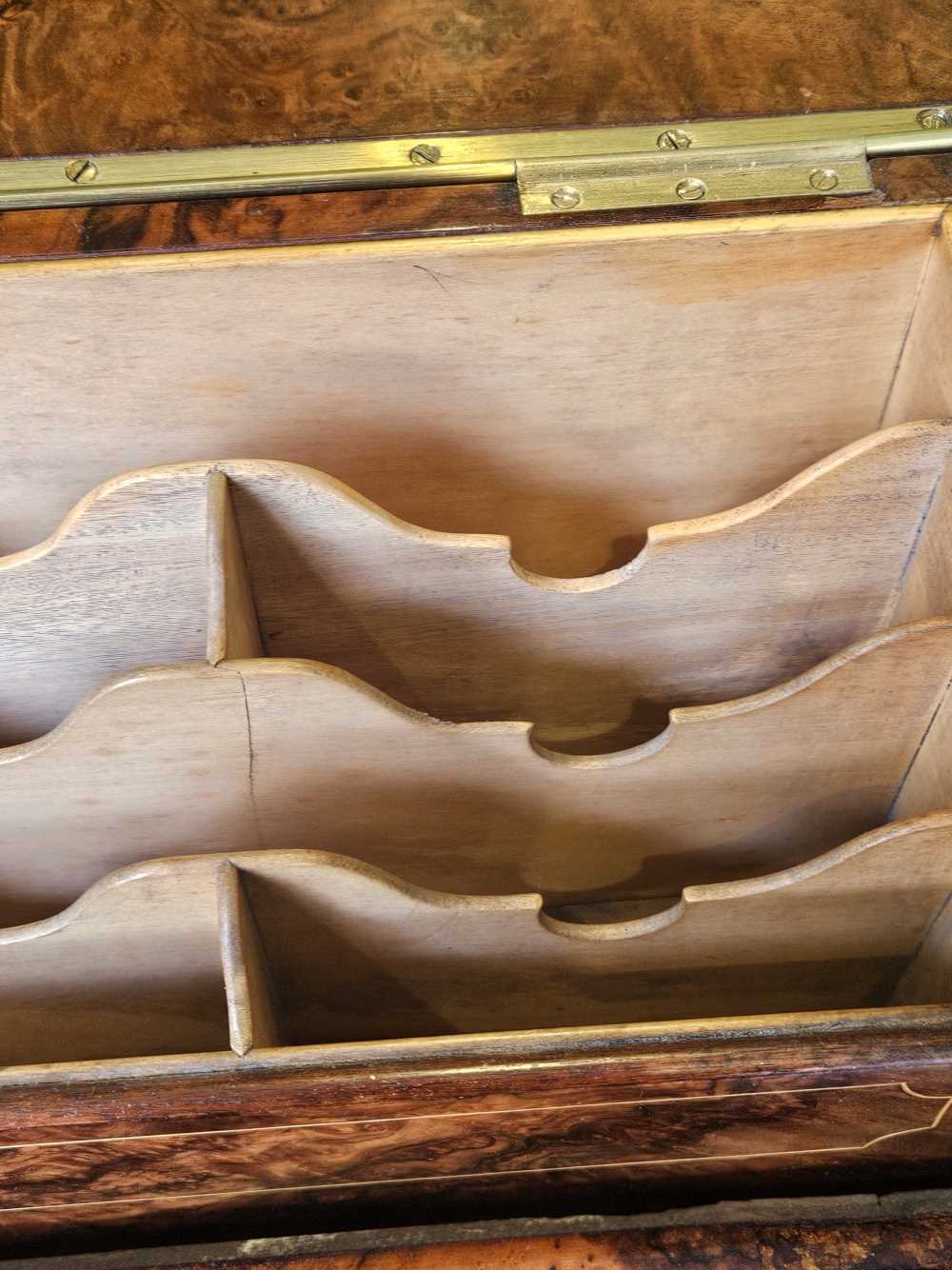A fine Victorian burr walnut piano top pop up Davenport desk. Slight bubbling to the veneer on the - Image 37 of 47