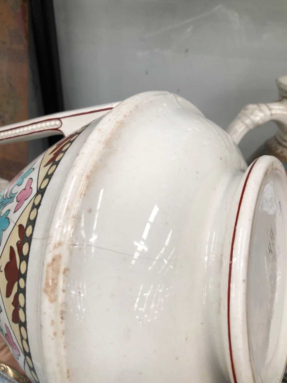 Two pottery wash jugs decorated in Pugin taste The jug with pink decoration has a hairline - Image 10 of 17