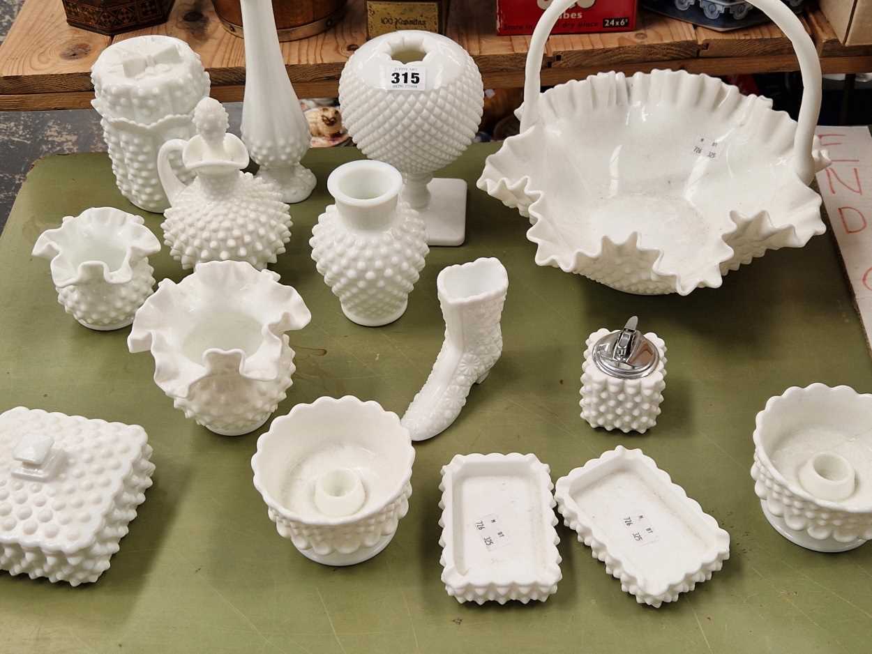 A collection of pimple moulded milk glass vases, bowls and boxes together with a basket