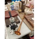 A Ravencourt microscope, a mahjong set, a mortar and two pestles, a coaching horn, a Broomfield