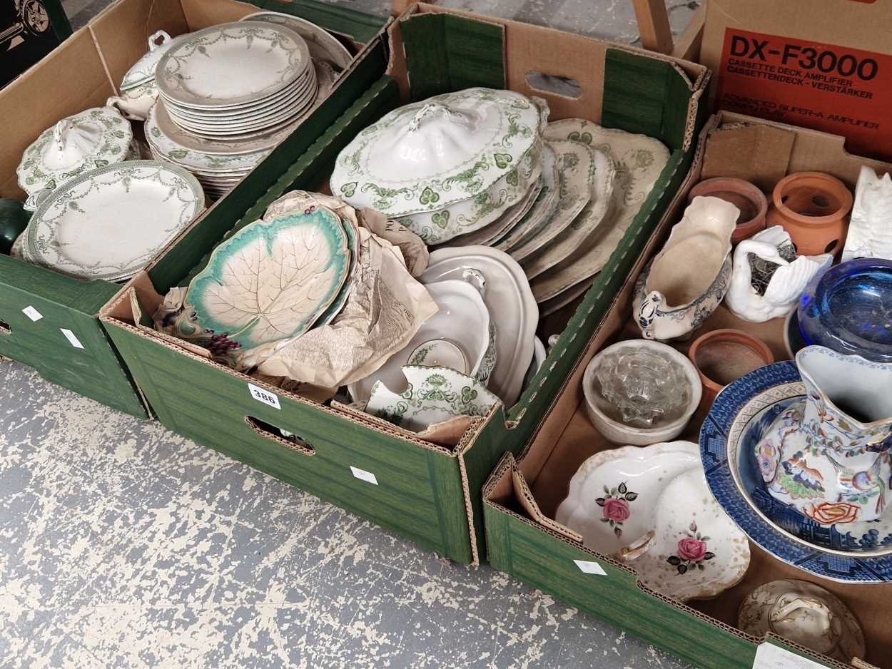 Two green printed part dinner sets,  Masons jug, miscellaneous ceramics to include leaf moulded