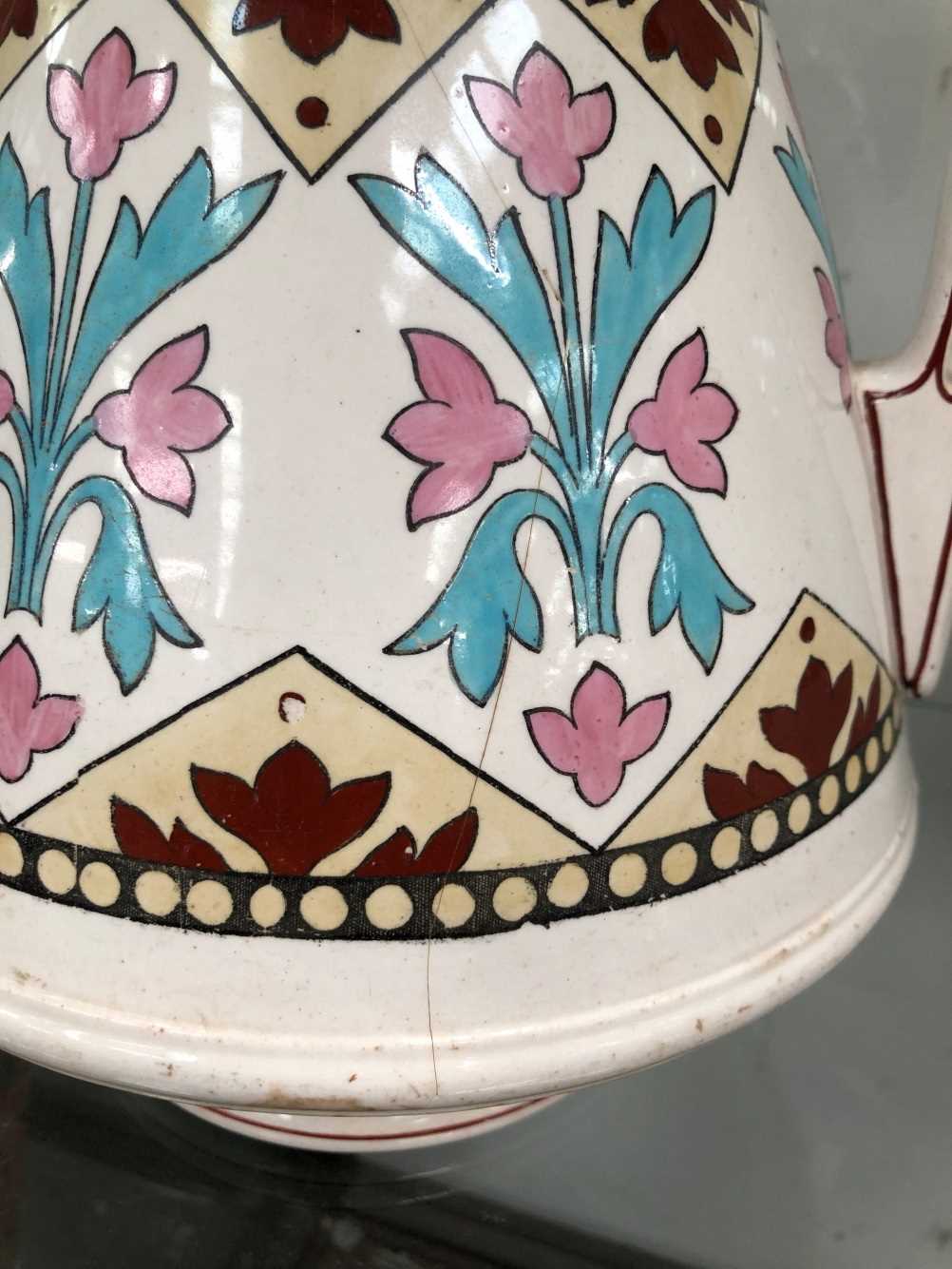 Two pottery wash jugs decorated in Pugin taste The jug with pink decoration has a hairline - Image 4 of 17