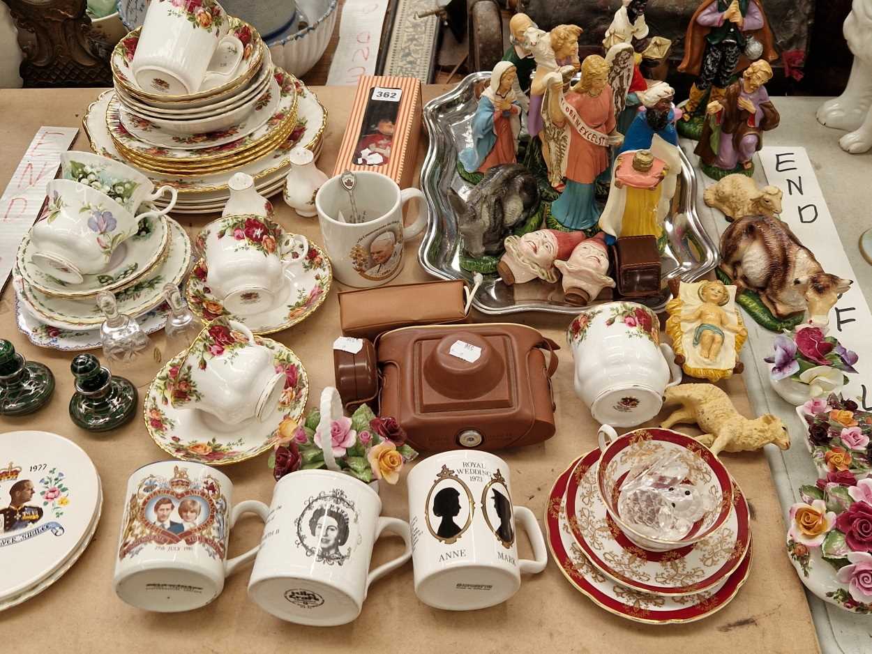 Royal Albert Old Rose pattern tea wares, crib figures, scent bottles, an Agfa camera, etc