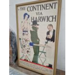 A good rare vintage London Northeastern Railway (LNER) travel poster, "The Continent Via Harwich"