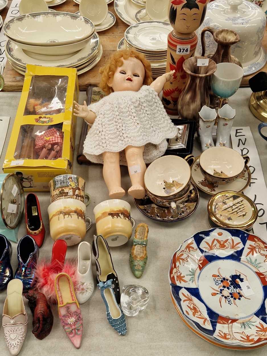 Satsuma tea cups, an Imari plate, dolls, a collection of model shoes, a childs book, etc