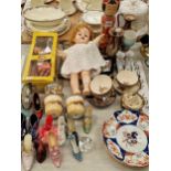 Satsuma tea cups, an Imari plate, dolls, a collection of model shoes, a childs book, etc
