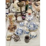 Meissen onion pattern tea wares, an oil lamp, a Prattware jug, as Capodimontye cobbler, etc