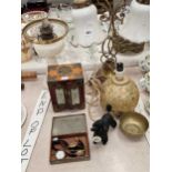 An oil and two table lamps, a Chinese jewellery cabinet, wristwatches, etc.