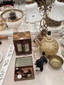 An oil and two table lamps, a Chinese jewellery cabinet, wristwatches, etc.