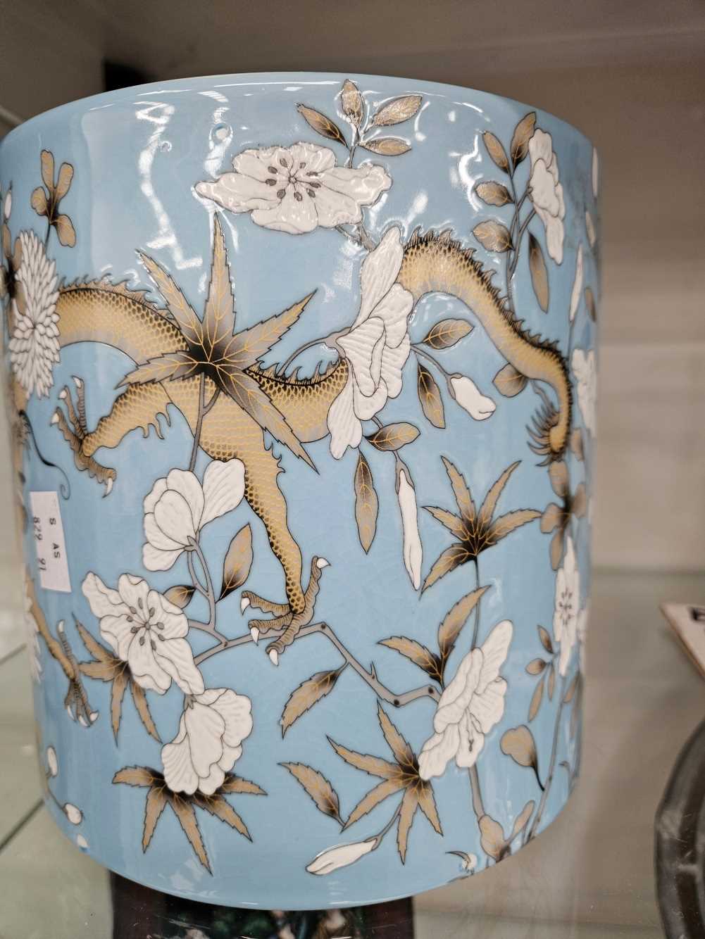 A Chinese blue ground brush pot decorated with dragons in the style of the Empress Cixis birthday - Image 3 of 13