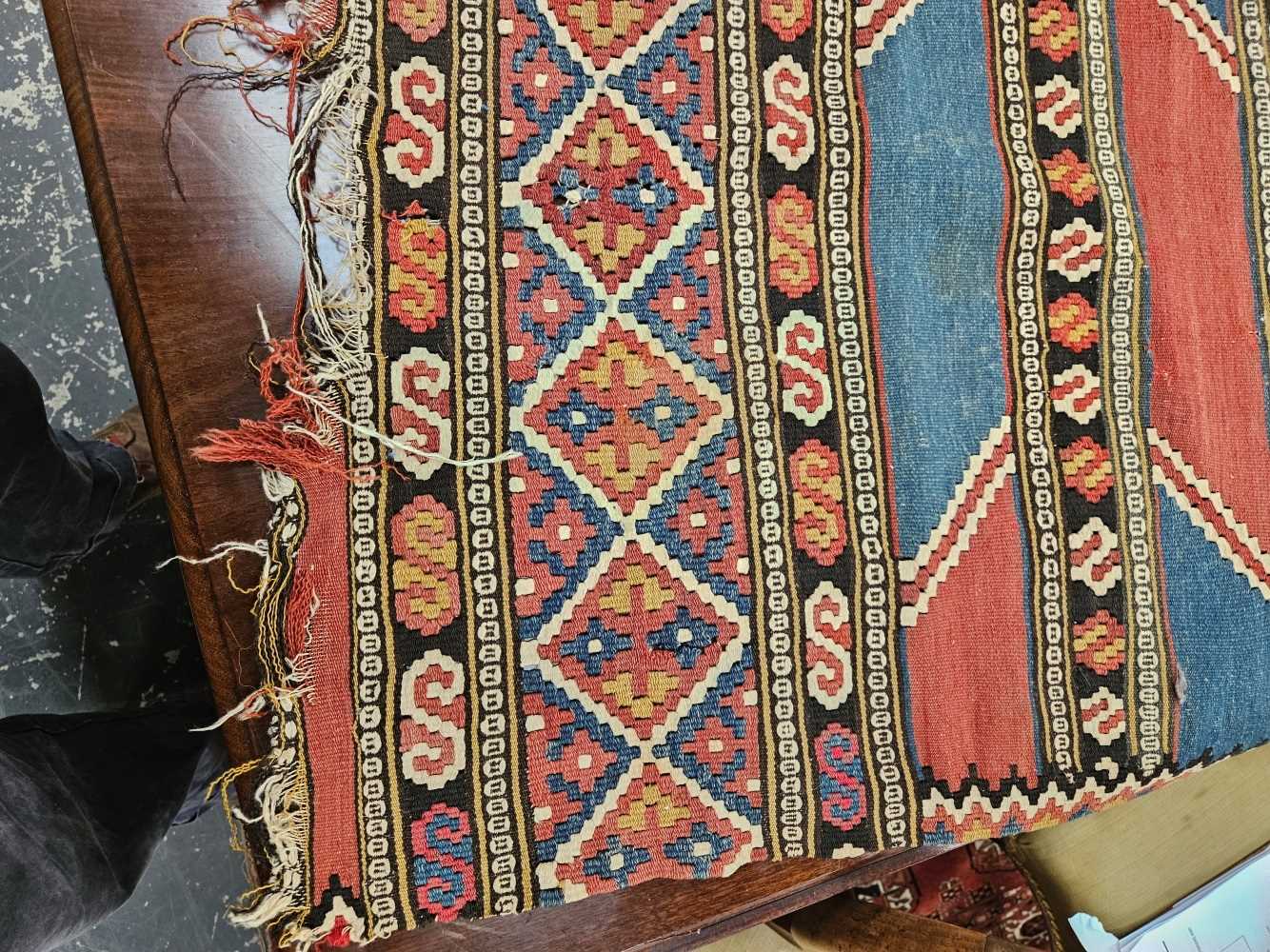 TWO ANTIQUE CAUCASIAN FLAT WEAVE PANELS TOGETHER WITH AN ANTIQUE TURKISH MAT (3) - Image 26 of 41