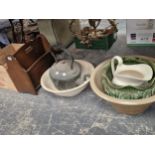 Wash bowls, a planter, a copper kettle, a magazine rack together with a glass punch bowl with cups