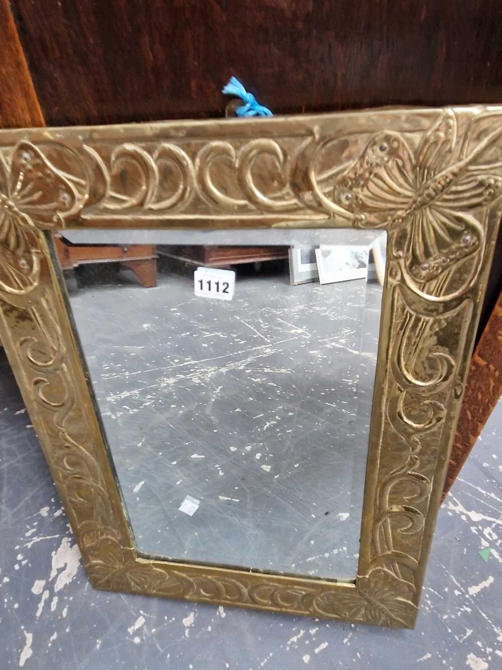 Arts and Crafts style brass wall mirror and two fire kerbs - Image 2 of 11