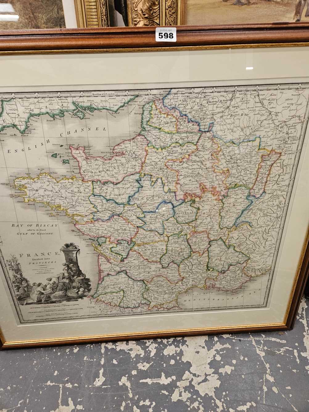A LARGE COLOURED MAP OF FRANCE DIVIDED IN TO PROVINCES, 61 x 52cm.