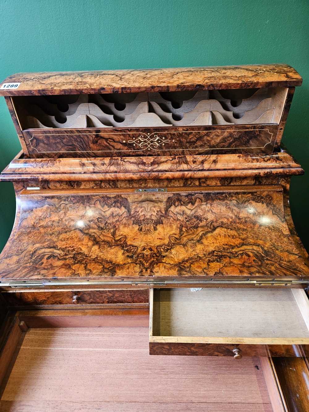 A fine Victorian burr walnut piano top pop up Davenport desk. Slight bubbling to the veneer on the - Image 9 of 47