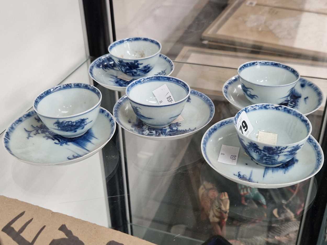 Nanking Cargo: five Chinese blue and white tea bowls and saucers Saucer dia 10cm Bowl dia 6cm