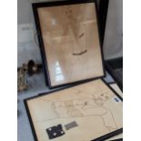 Three framed costume designs pinned with textile swatches