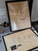 Three framed costume designs pinned with textile swatches