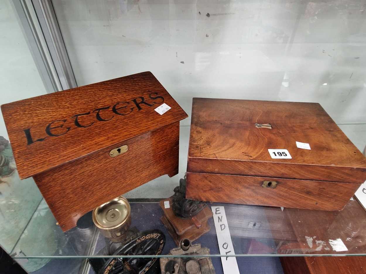 An oak stationary box inscribed letters together with a mahogany box