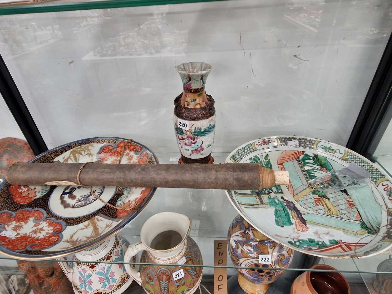 A Chinese famille verte dish dia 36cm , an Imari dish dia 39cm , a Canton vase H 26cmand a scroll