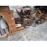A vintage table top loom, vintage style storage tins, tools, coal bucket etc.