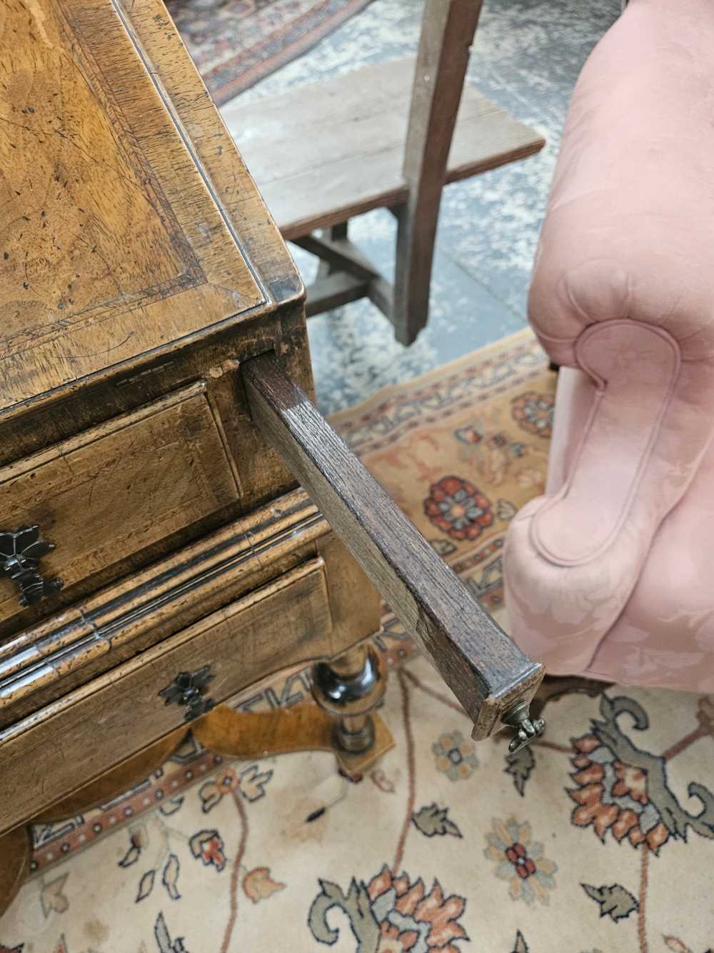 A 17th century style walnut bureau on stand. - Image 12 of 47