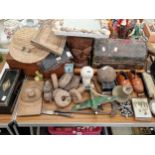 A wooden box of sewing material, cork fishing net floats, a leather mounted box, a tribal drum, a