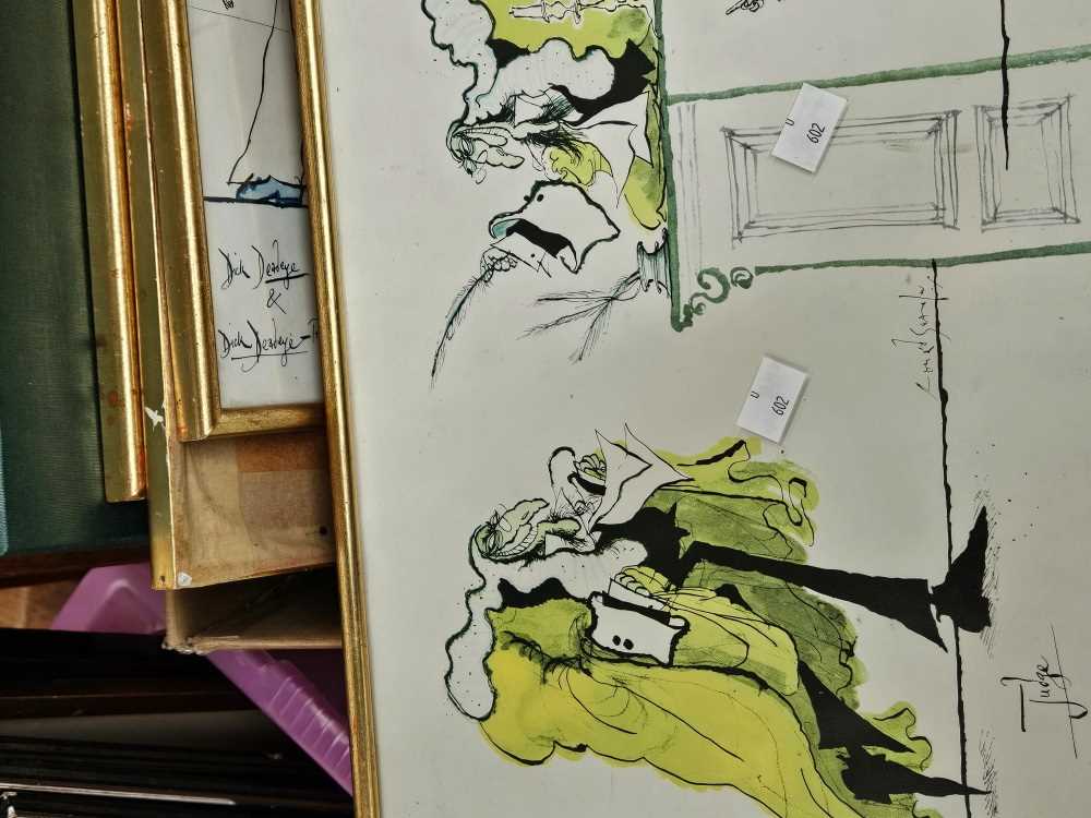 Various embroidered pictures, four prints after Ronald Searle, and a vintage newspaper. - Image 9 of 9