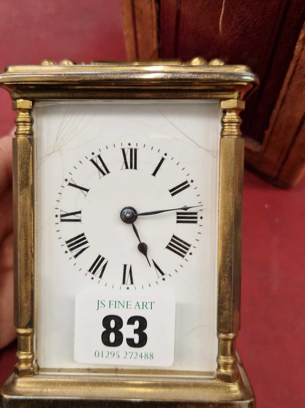 A vintage brass cased carriage clock with leather outer travelling case. - Image 2 of 3