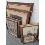 Various oak framed engraved and two Oriental embroidered panels.