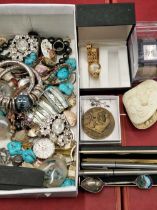 Jewellery and collectables to include silver earrings, a swatch watch, medallions, snuff bottle