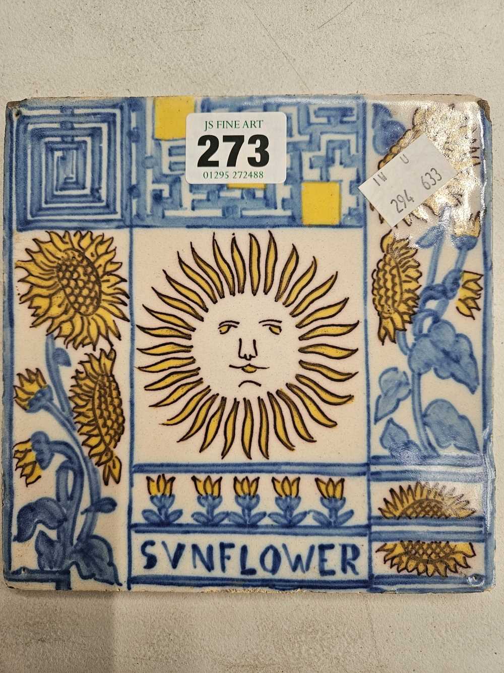 A tin glazed tile painted in blue, yellow and aubergine with a sunflower 15 x 15 cm - Image 10 of 15