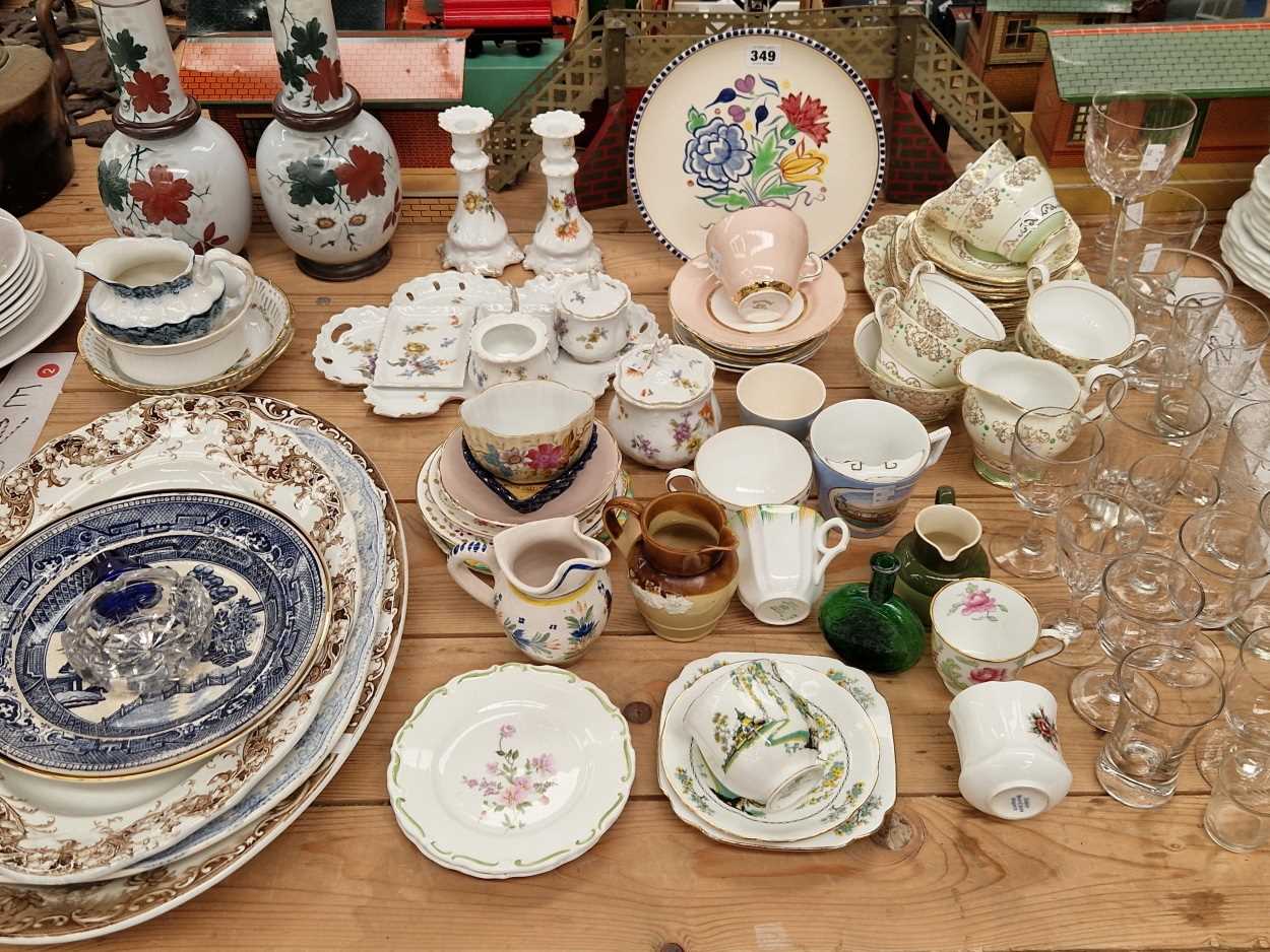 Platters, tea wares, drinking glass, a dressing table set, a pair of glass vases, a Poole plate,