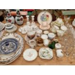 Platters, tea wares, drinking glass, a dressing table set, a pair of glass vases, a Poole plate,