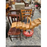 A retro folding work table, together with two stools and three chairs (6)