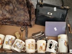 Corkscrews, coronation and similar royal mugs, two handbags and two stamp albums