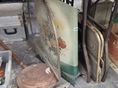 Three various fire screens, a tray and a copper warming pan