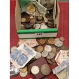 A collection of antique and later GB and world coins, various bank notes including a Peppiatt 10