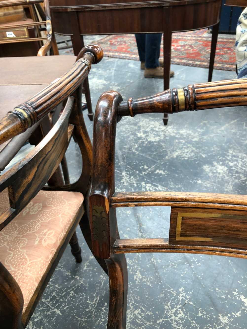 A set of 8 Regency brass inlaid dining chairs. Thank you for your inquiry. Details are carves w 55 x - Image 29 of 35