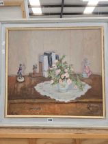 PHOEBE G TULLOH (20TH CENTURY), STILL LIFE WITH FIGURINES AND FLOWERS, SIGNED, OIL ON BOARD, 59 x