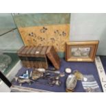 Walter Scott books, silver and plate cutlery, car badges, a pocket watch etc