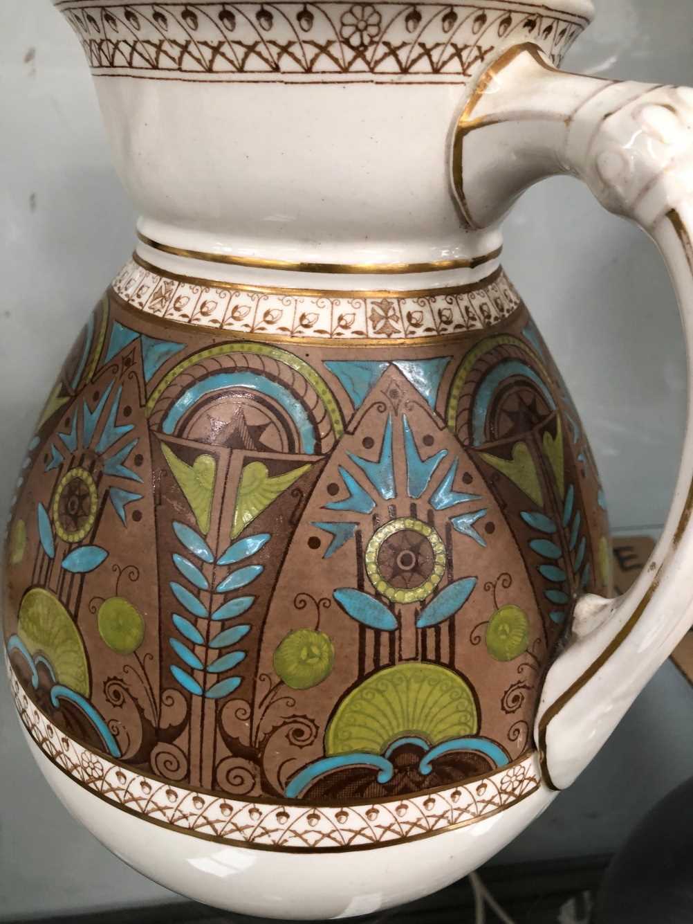 Two pottery wash jugs decorated in Pugin taste The jug with pink decoration has a hairline - Image 14 of 17