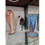 Two Longwy Art Deco vases together with a Leiritz porcelain Italian comedy couple The Longwy vase is