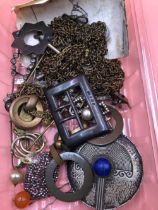 A collection of antique and later stick pin, brooches, costume guard chain, Alpaca signed large